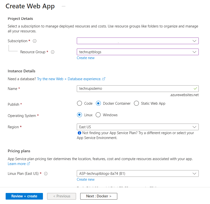 Create App Service for Container - Azure Portal